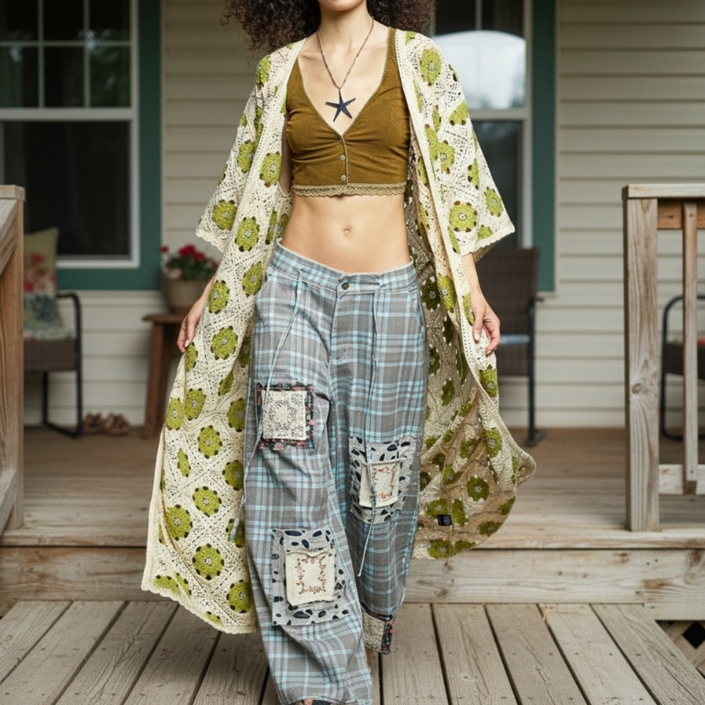 POL Patchwork Openwork Crochet Longline Cardigan … - image 1